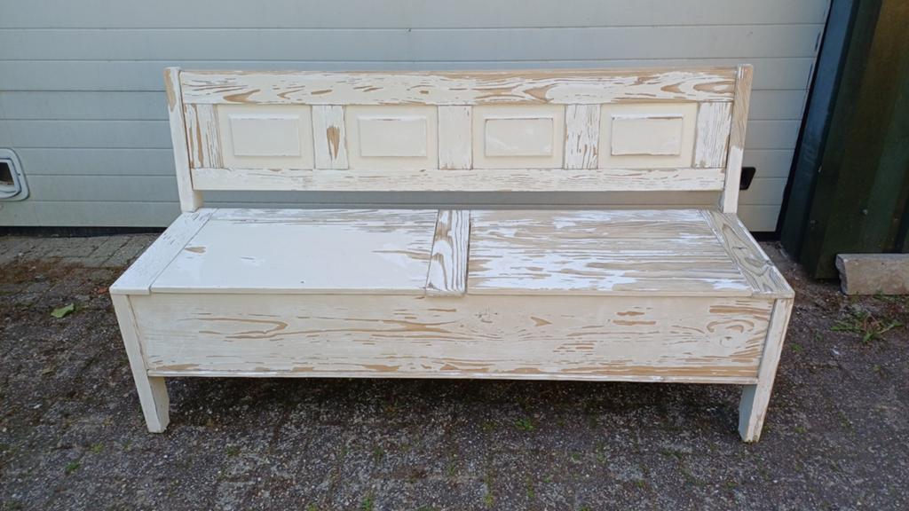 Witte houten bank opbergruimte klapbank kerkbank 170x90cm, Antiek en Kunst, Antiek | Meubels | Stoelen en Banken, Ophalen