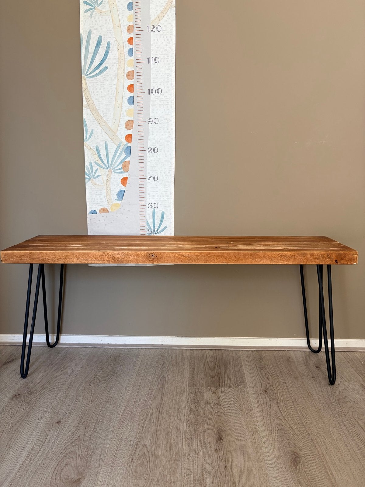 Houten bankje met metalen hairpin poten, Ophalen, Gebruikt, Bruin, Hout