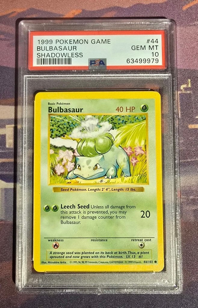 Pokemon TCG - Shadowless Bulbasaur 44/102 - PSA 10, Ophalen, Nieuw, Losse kaart