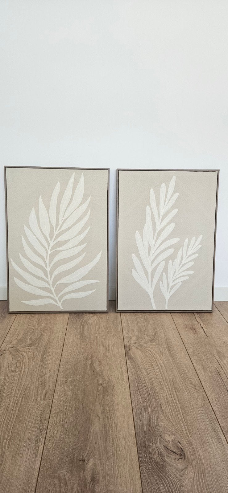 2 Canvas schilderijen met bladeren in beige, warme tinten, Ophalen, Overig onderwerp, Op houten frame, Print
