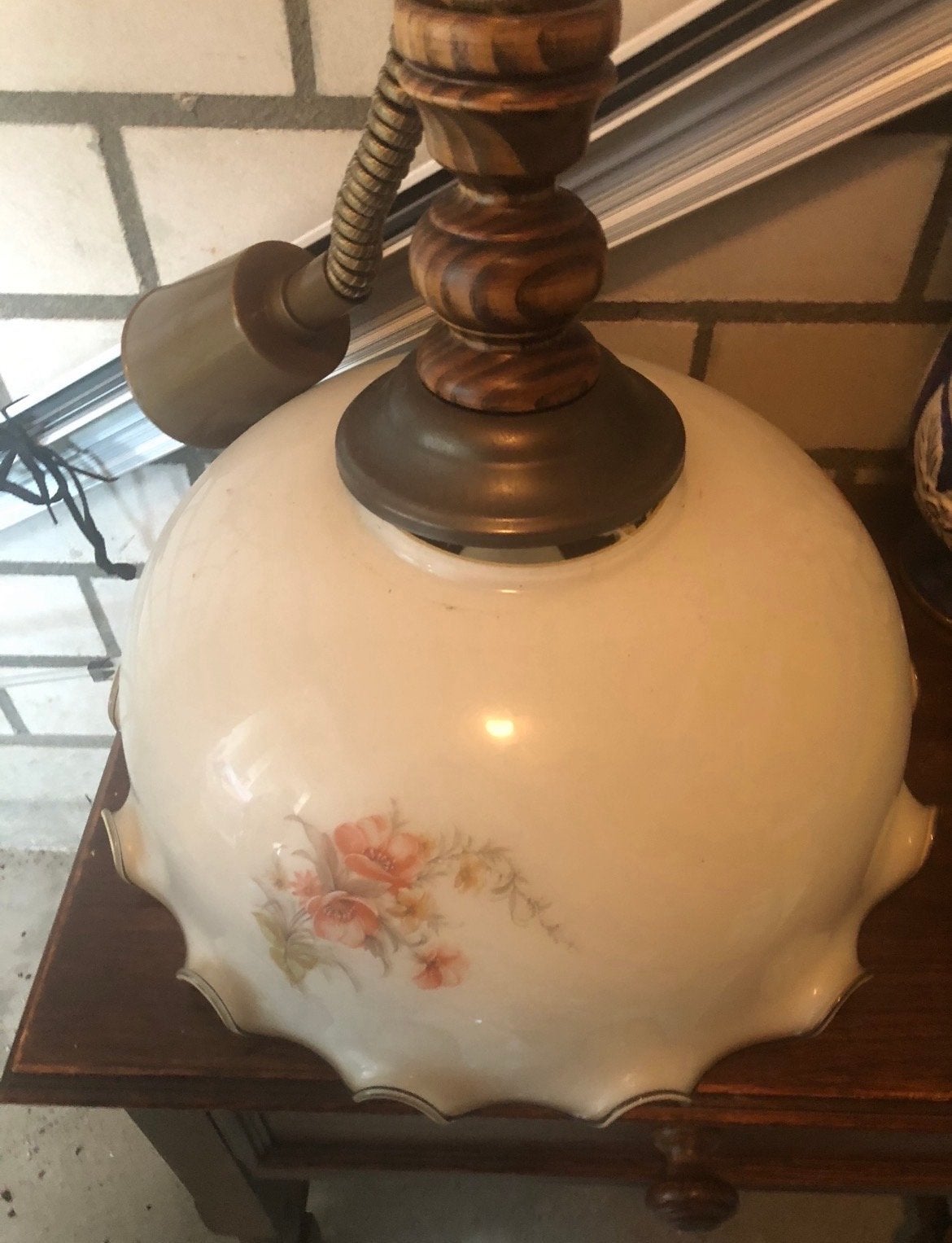 Vintage hanglamp met bloemmotief, Ophalen, Gebruikt, Glas, E27 (groot)