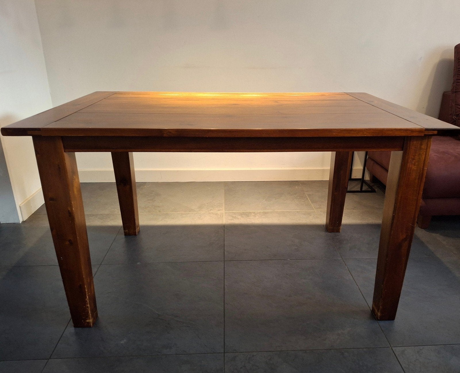 Massief houten eettafel met 6 stoelen, Gebruikt, 50 tot 100 cm, 100 tot 150 cm, Modern landelijk