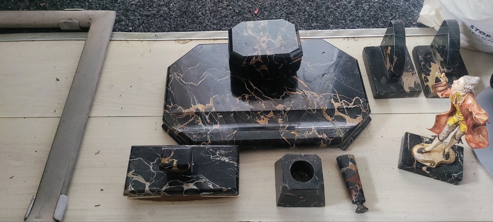 Vintage Marmeren Bureau Set - Zwart met Goud, Ophalen of Verzenden