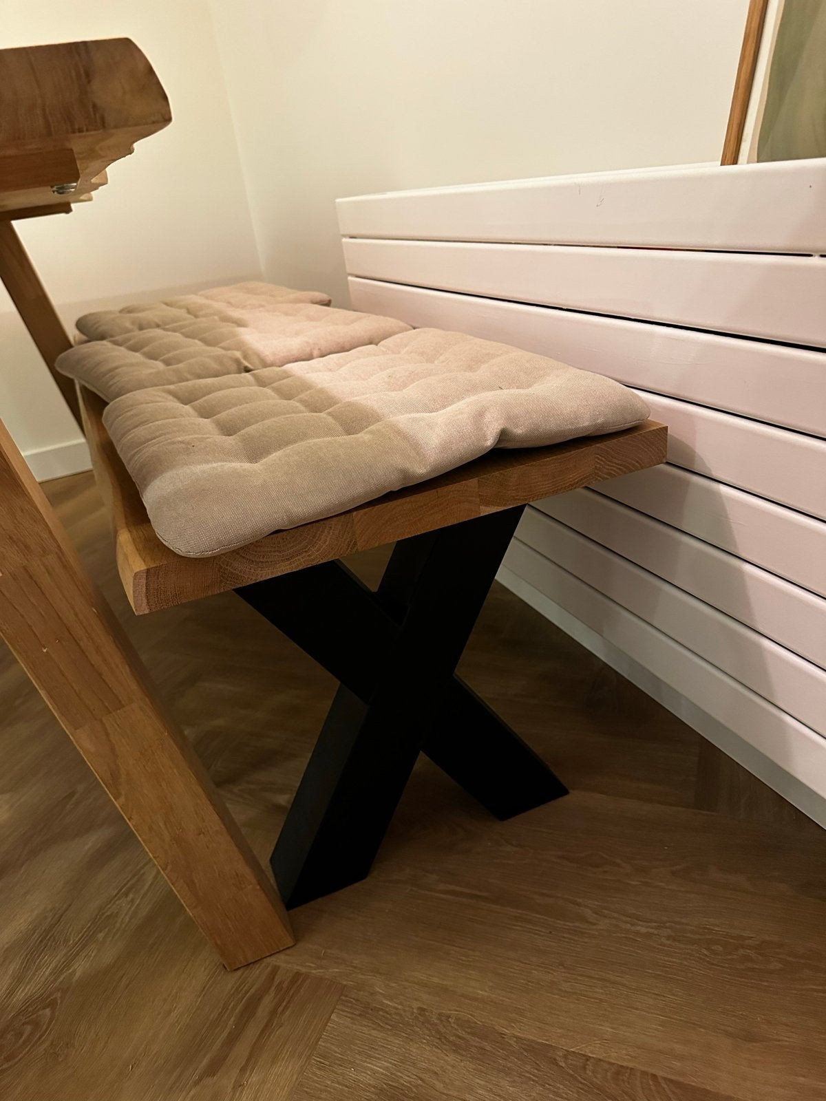 Massief eikenhouten bankje 140x48 cm met zwarte X-poten, Ophalen, Gebruikt, Zwart, Hout