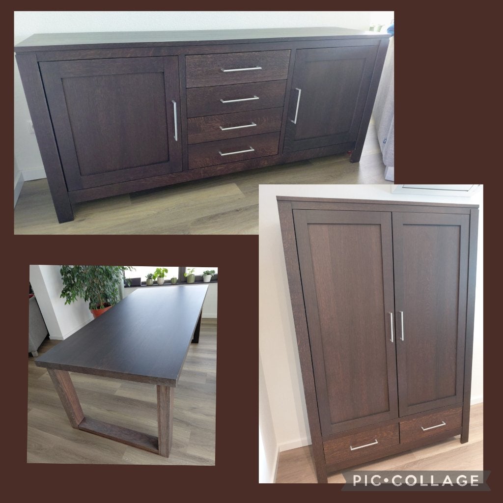 Eiken meubel set mat donkerbruin kast + dressoir + eettafel, Ophalen