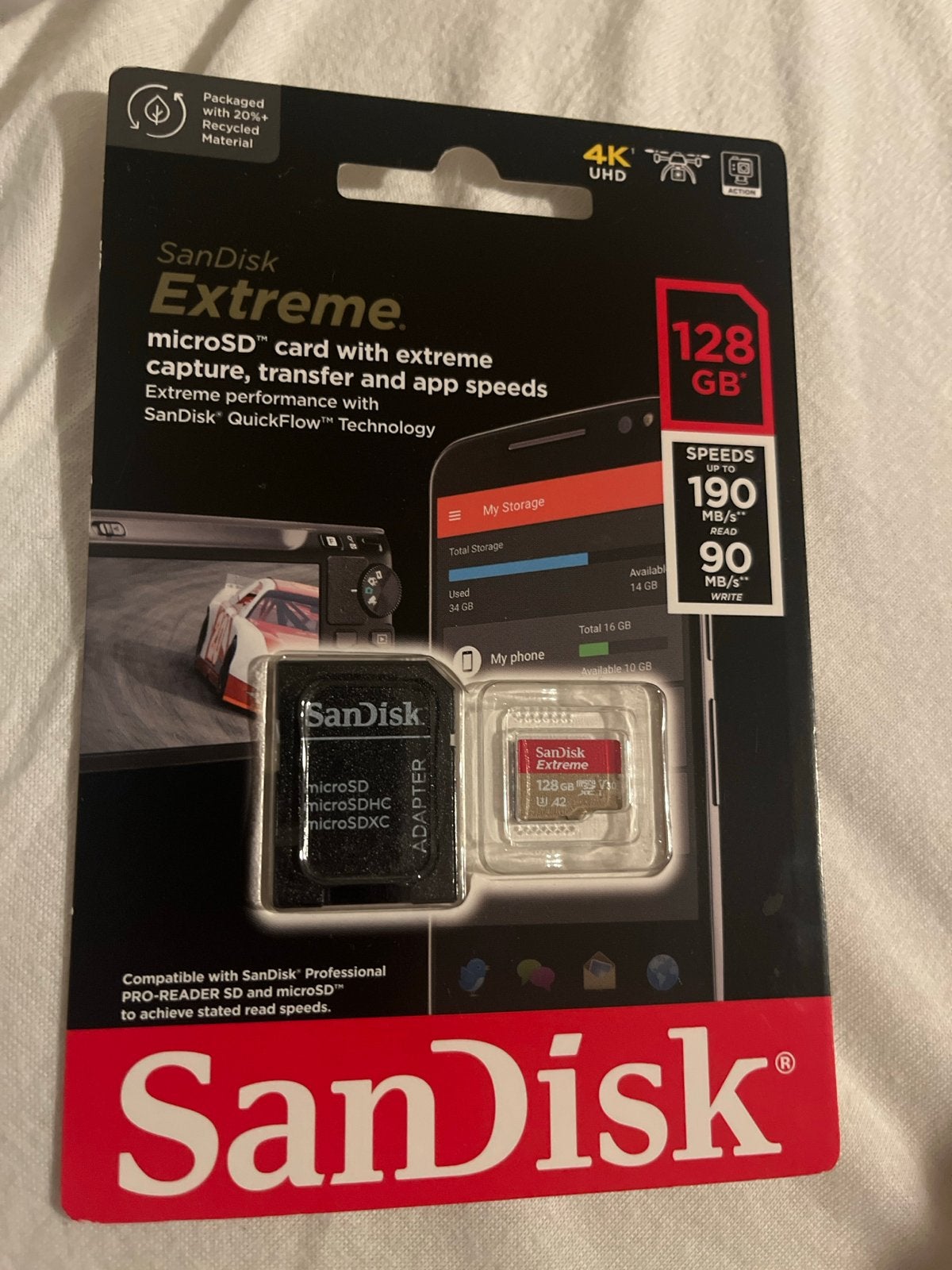 Sandisk Extreme microSDXC 128GB met adapter, Nieuw, Ophalen of Verzenden, Geschikt voor 4K video, Fotocamera