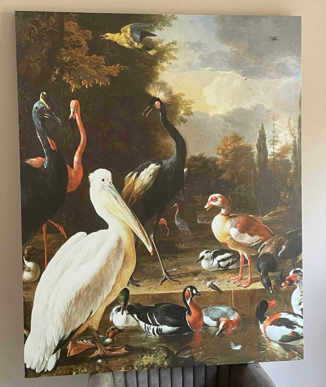 Modern Klassiek canvas met exotische vogels en landschap, Ophalen of Verzenden, Schilderij