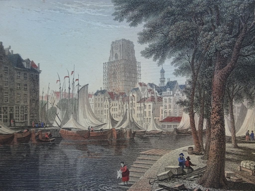 Staalgravure haven Rotterdam steigers Laurenskerk, R. Wallis, Antiek en Kunst, 1800 - 1899, Stadsgezicht, Ophalen of Verzenden