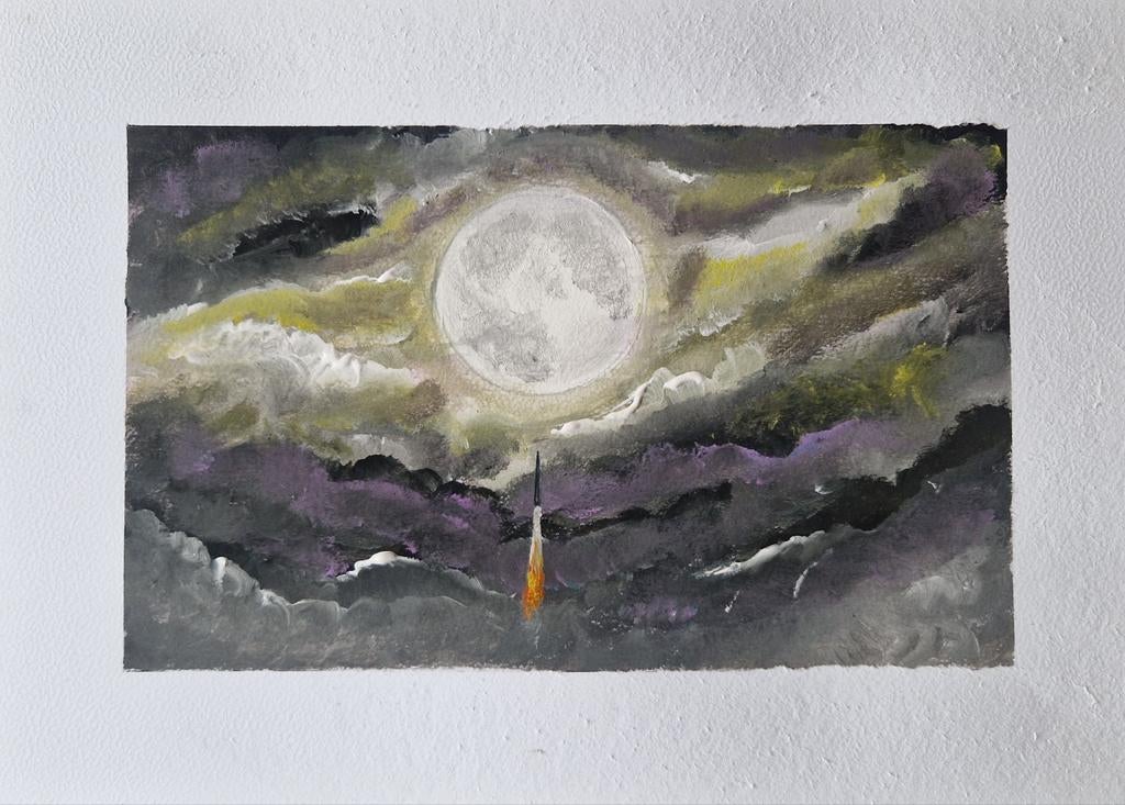 Artemis 2: Reis naar de maan - Originele aquarel op A4, Antiek en Kunst, Ophalen of Verzenden