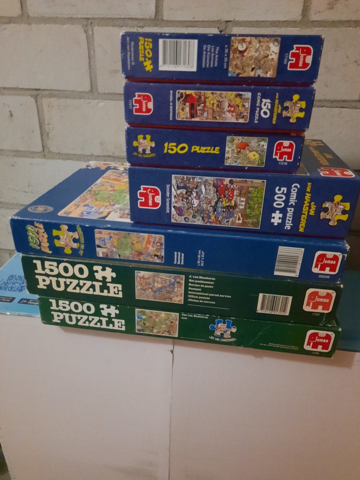 Verzameling van 7 Jan van haasteren puzzels 150,500 ,1500 st, Ophalen of Verzenden, 500 t/m 1500 stukjes, Zo goed als nieuw