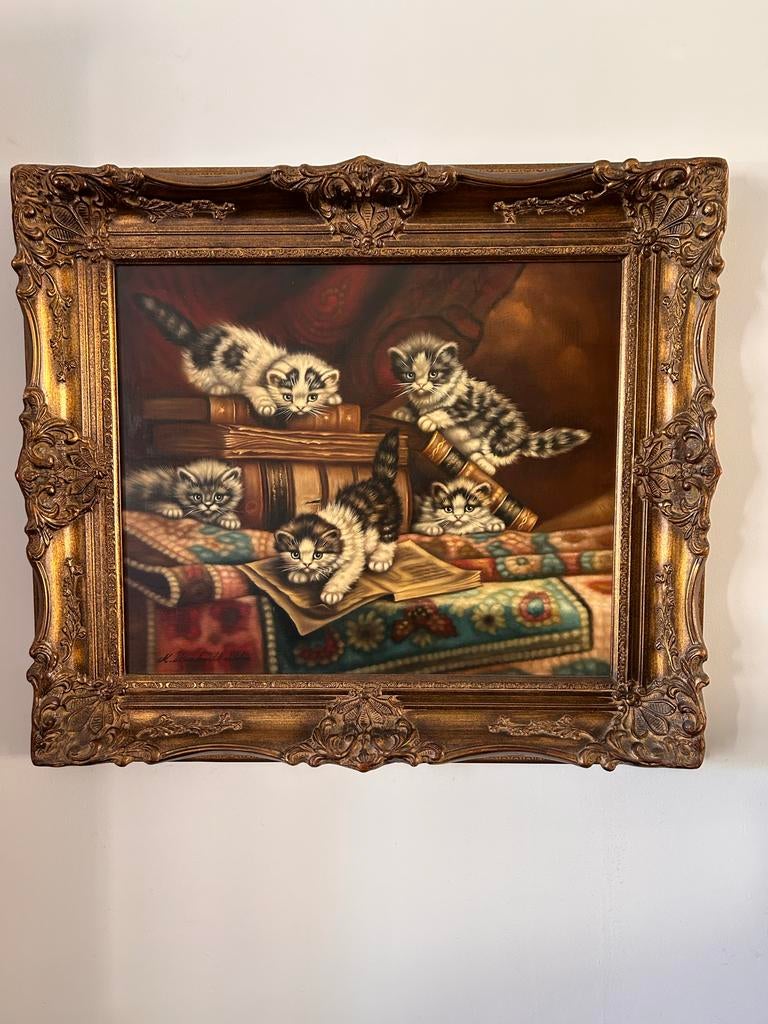 Klassiek gesigneerd schilderij met diverse poezen, Ophalen