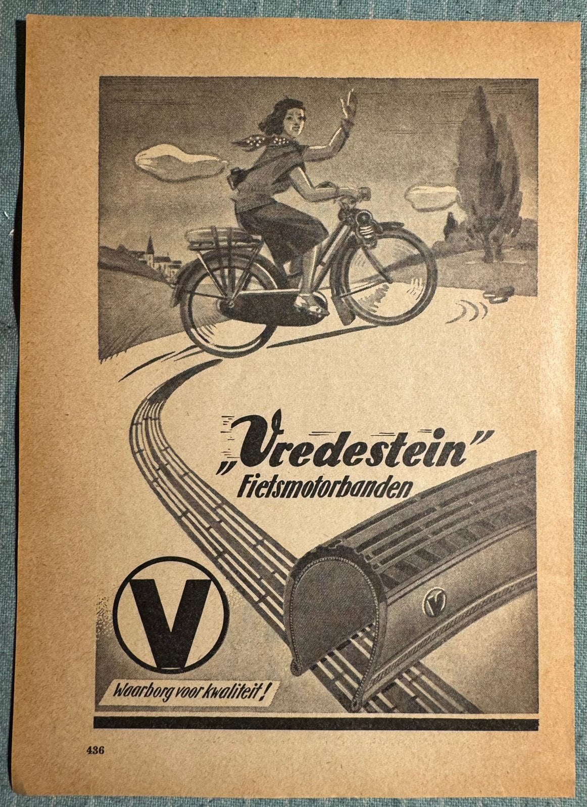 Advertentie 1951 Vredestein fietsmotor banden, Verzamelen, Verzenden, Zo goed als nieuw, Motoren