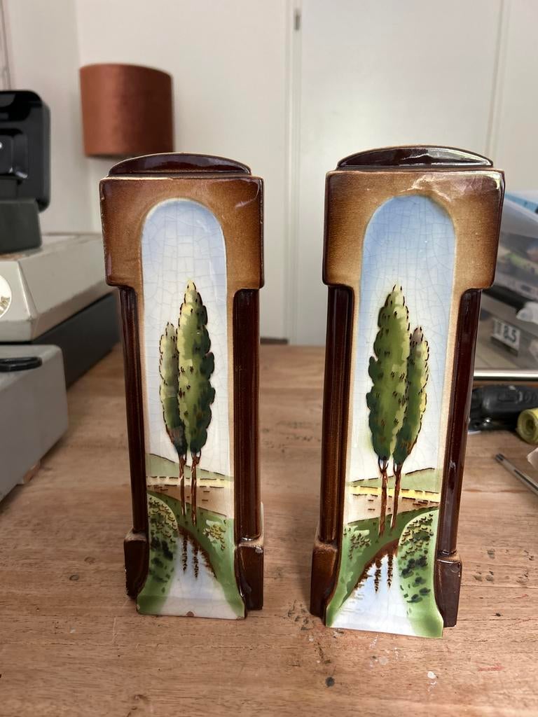 Antieke Art Deco Vazen met Landschap, JM gemerkt, Antiek en Kunst, Antiek | Vazen, Ophalen of Verzenden