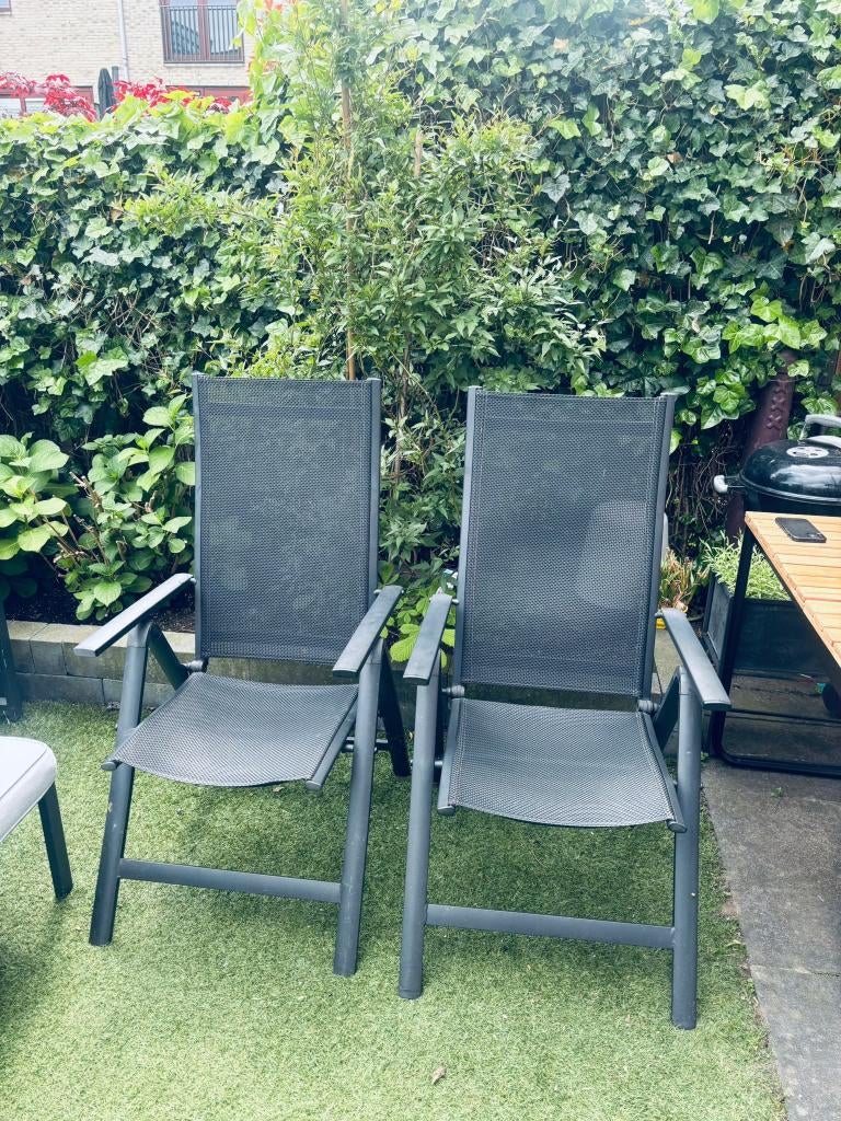 4 zwarte Jutlandia tuinstoelen JYSK - inklap- & verstelbaar, Tuin en Terras, Tuinstoelen, Ophalen, Zo goed als nieuw, Kunststof