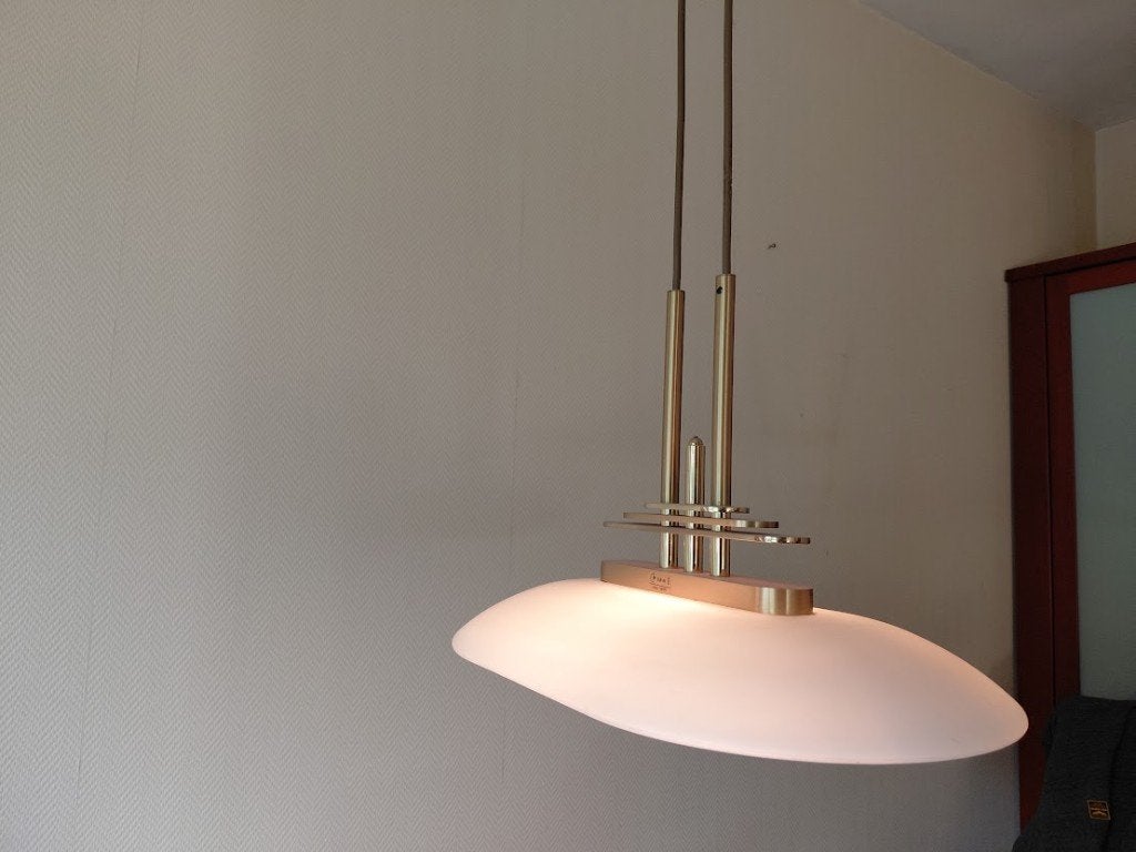 Modern, klassieke messing hanglampen, Huis en Inrichting, Lampen | Hanglampen, Ophalen, Modern klassiek, Zo goed als nieuw, Glas