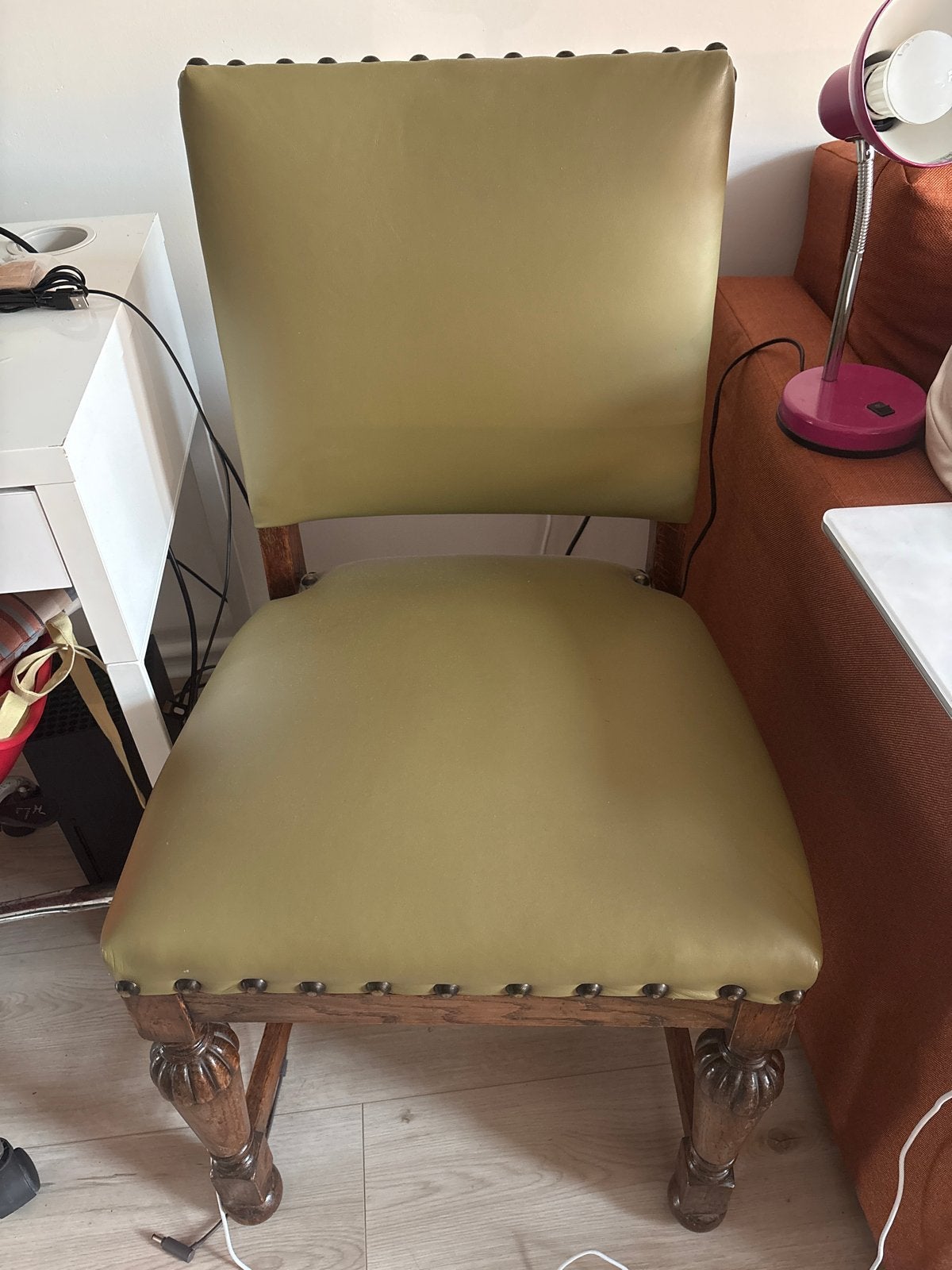 Vintage Eetkamerstoel - Olijfgroen Leer & Hout, Antiek en Kunst, Ophalen