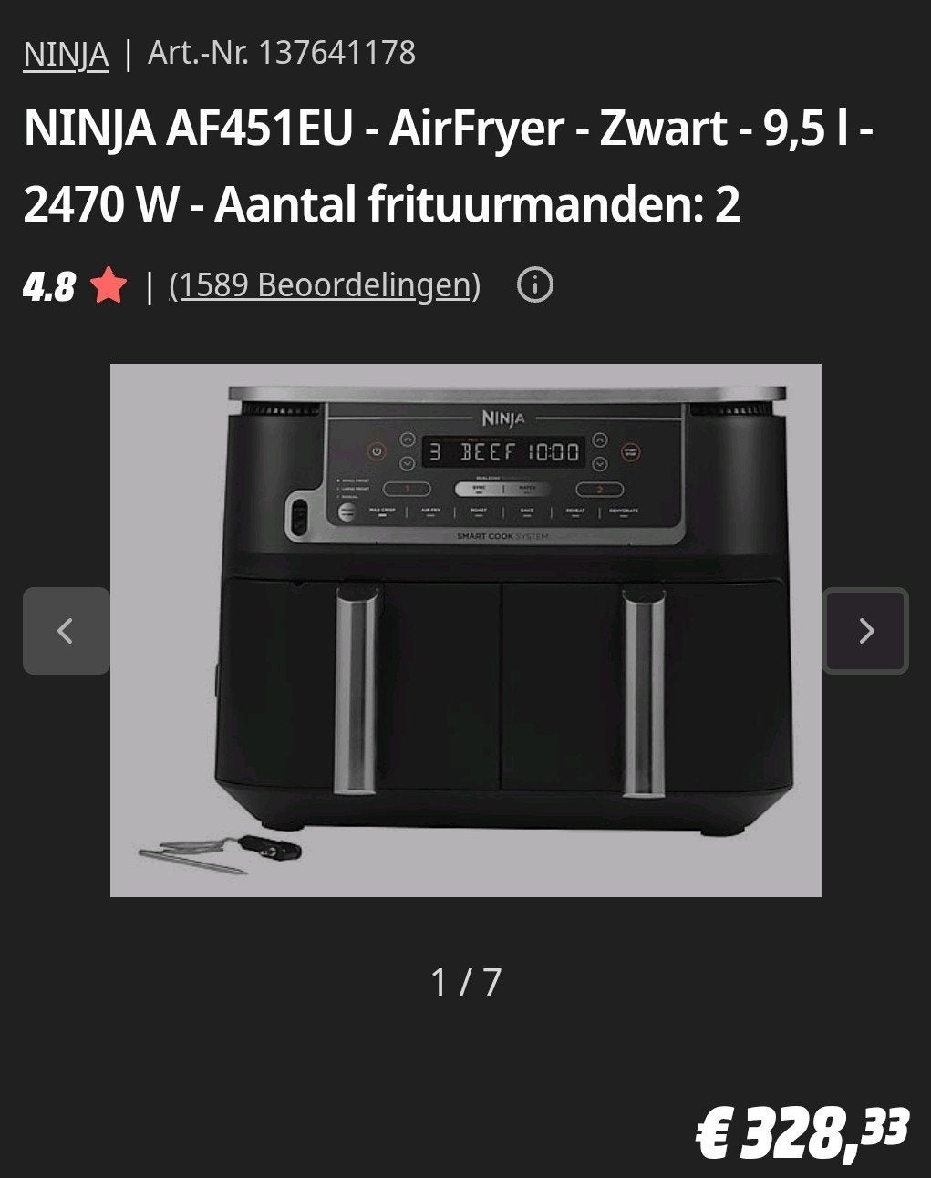 NINJA AF451EU - AirFryer - Zwart - 9,5 l - NIEUW IN DOOS, Witgoed en Apparatuur, Airfryers, Verzenden, Nieuw, Airfryer XXL, 1500 gram of meer