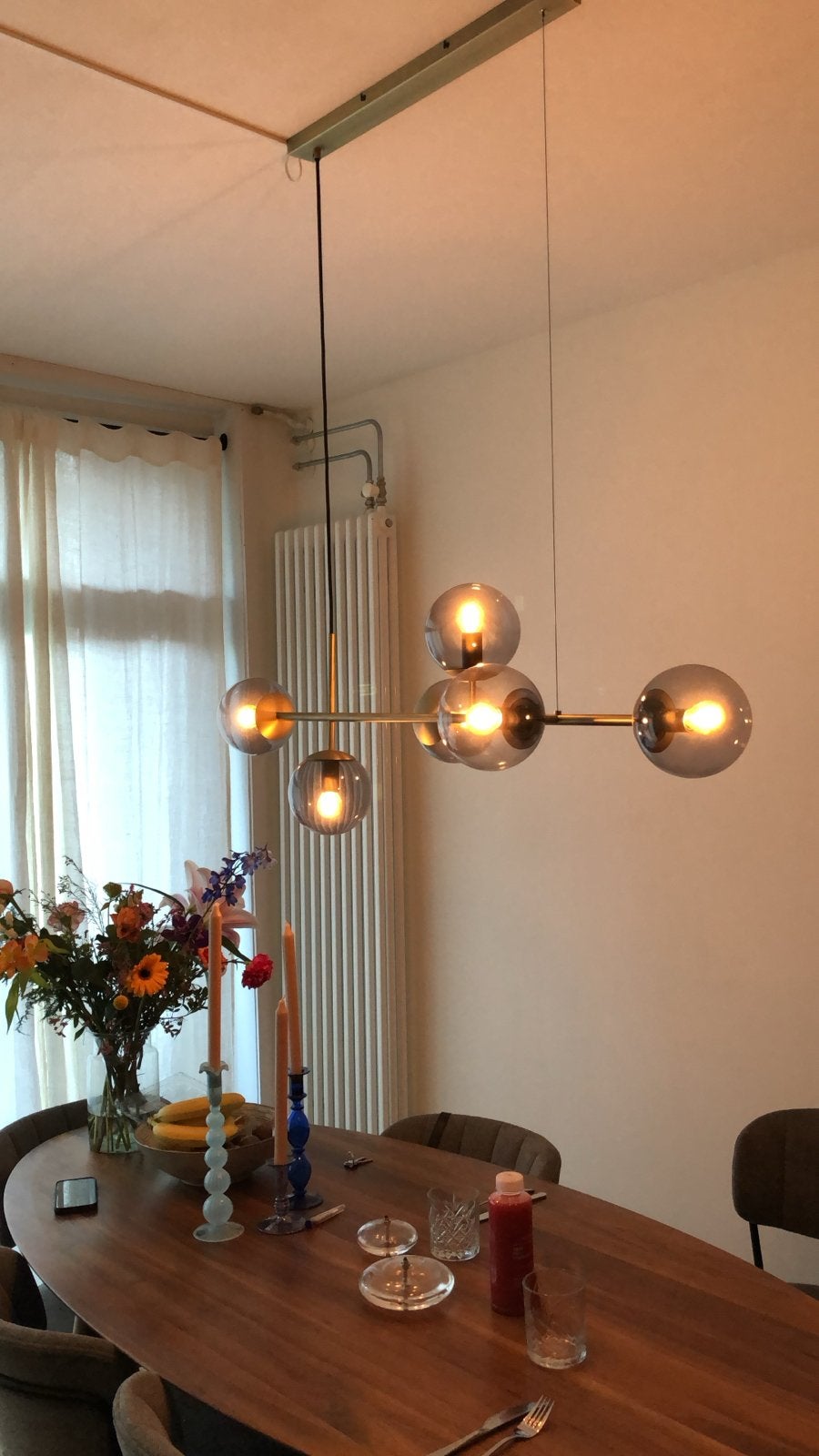 Bolia hanglamp met 5 glazen bollen, zo goed als nieuw, Ophalen, Zo goed als nieuw, Glas