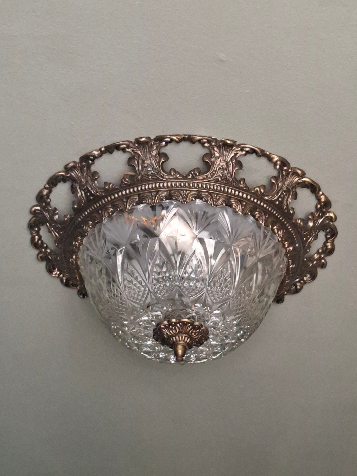 Vintage Barok Messing Plafondlamp met Geslepen Glas, Ophalen of Verzenden