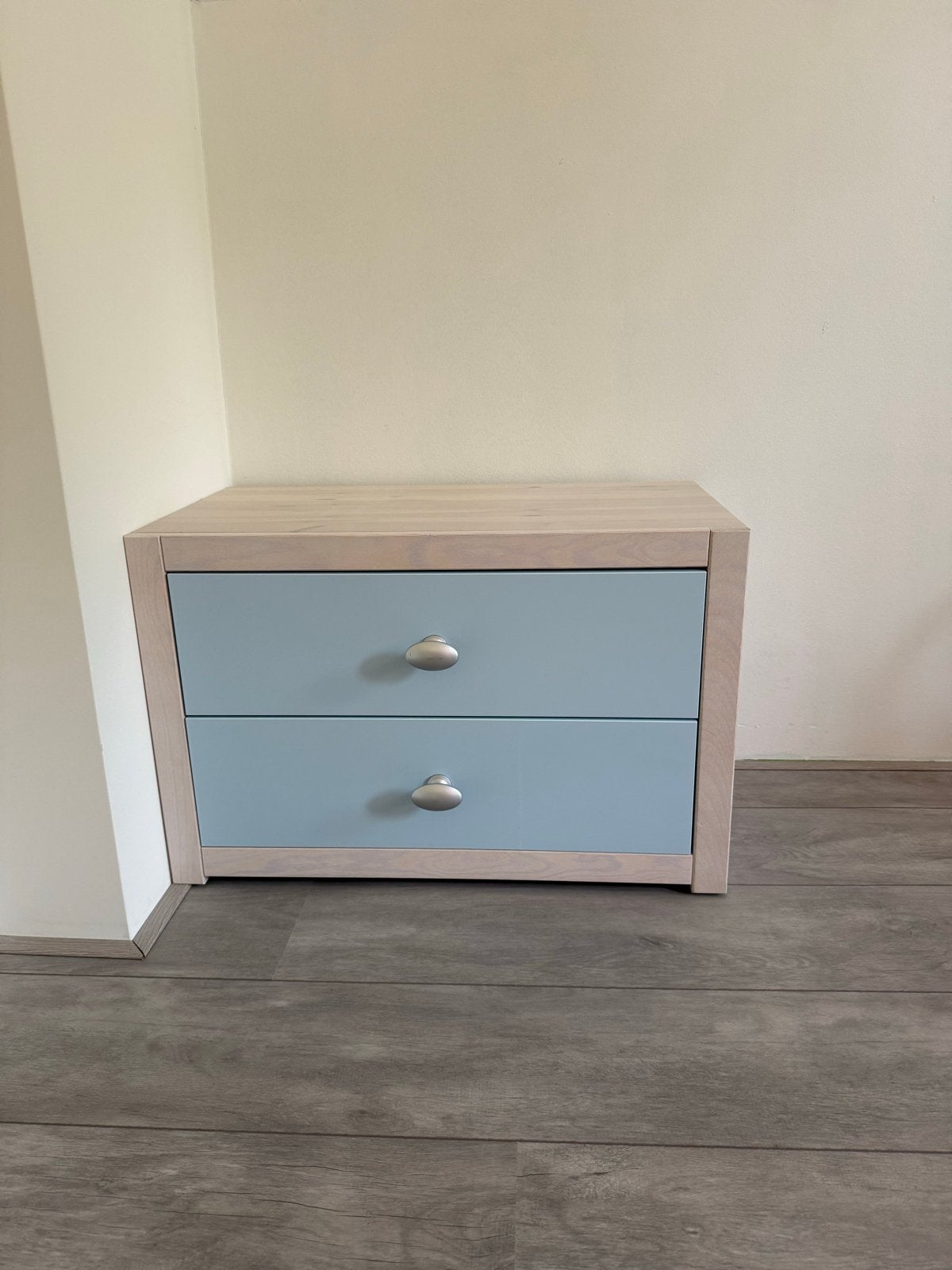 Lifetime kastje met 2 lades - Licht hout en blauw, Ophalen, 1 of 2 laden, 50 tot 100 cm, Zo goed als nieuw