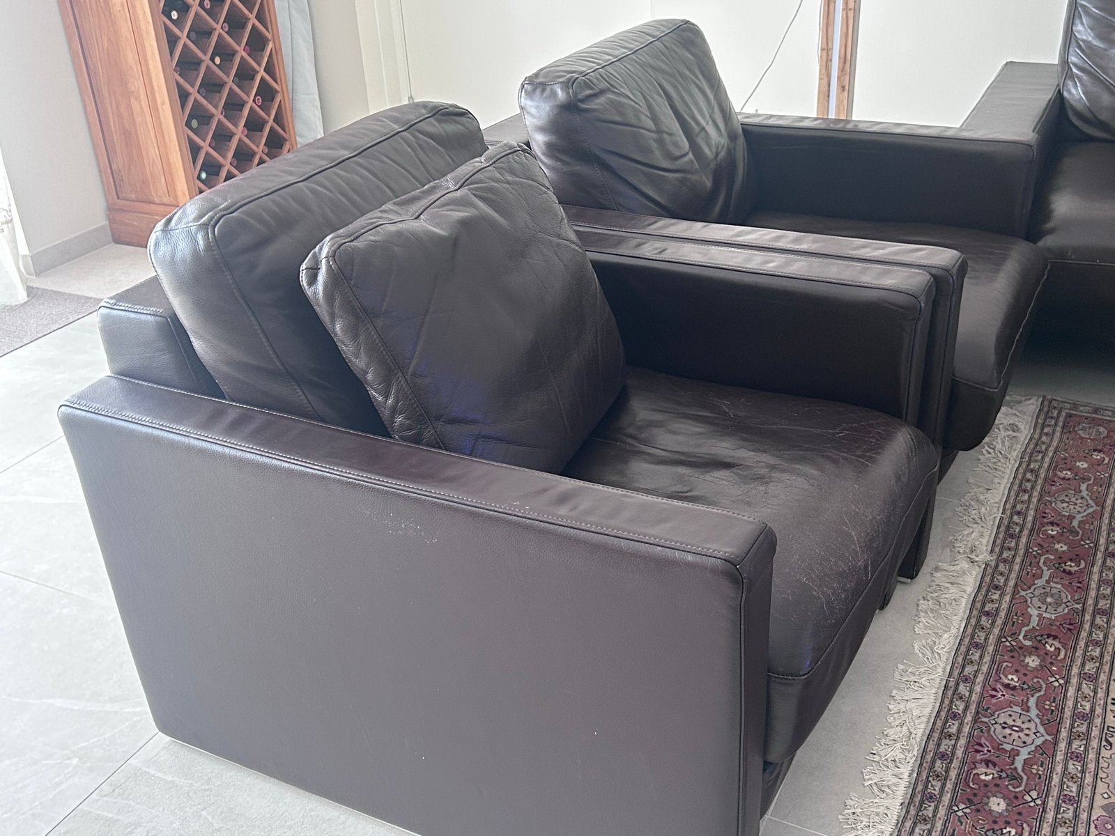 Rolf Benz Leren Bankstel - 2x Fauteuil & 1x Tweezitsbank, Gebruikt, Tweepersoons, Ophalen of Verzenden, Rechte bank