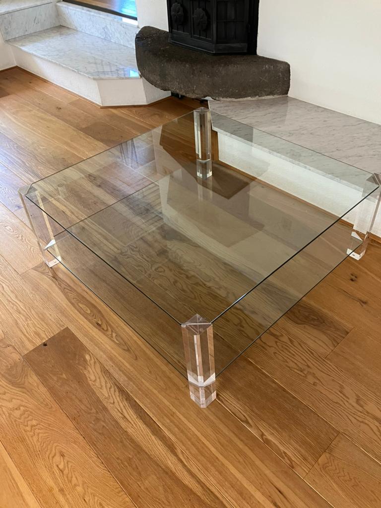 Vierkante zware glazen salontafel retro/ vintage, Ophalen, Vierkant, Strak, minimalistisch, retro, vintage, Minder dan 50 cm