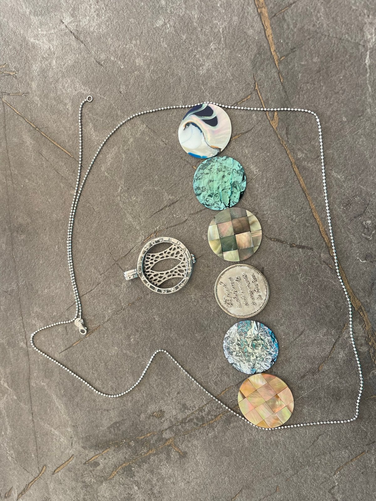 Zilveren ketting met verwisselbare hangers mimomeda set, Ophalen, Gebruikt, Zilver, Met hanger