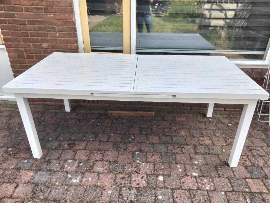 Tafel aluminium wit buiten, Huis en Inrichting, Tafels | Eettafels, Ophalen, Gebruikt, Overige materialen, 200 cm of meer