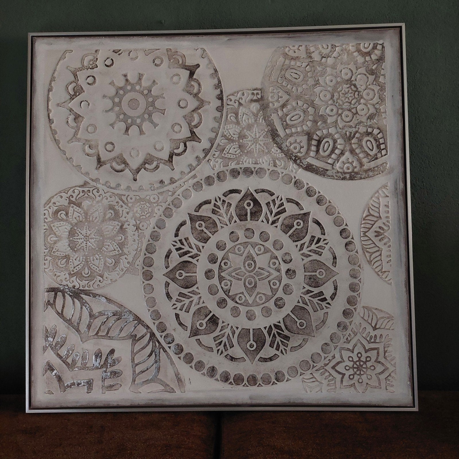 Mooi groot Mandalaschilderij met reliëf 99 bij 99 cm, Ophalen, Zo goed als nieuw, 75 tot 100 cm, Schilderij