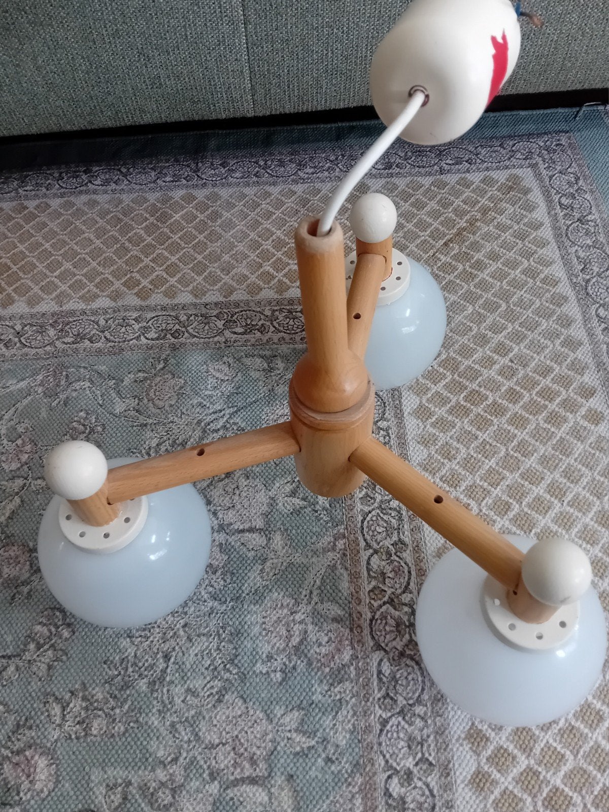 Houten vintage retro hanglamp met 3 bollen, Ophalen, Gebruikt, Hout, Vintage