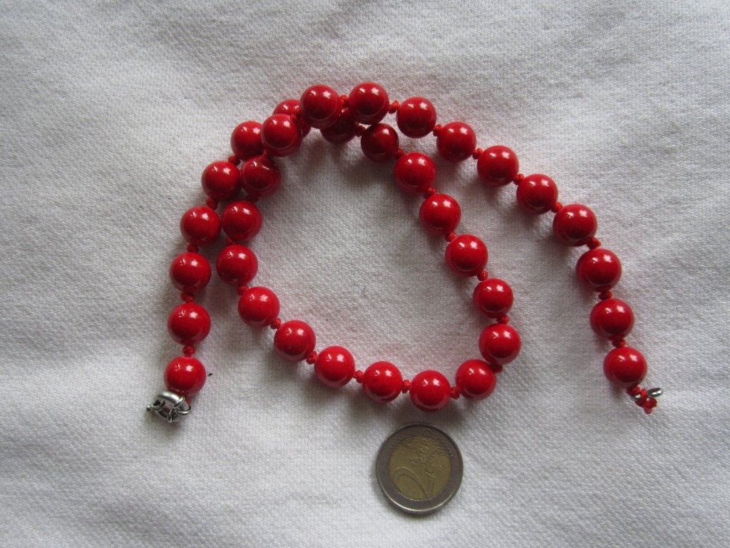 19.Schitterende ketting+oorbellen, dyed koraal,  48 cm/ 12mm, Ophalen, Overige materialen, Ketting