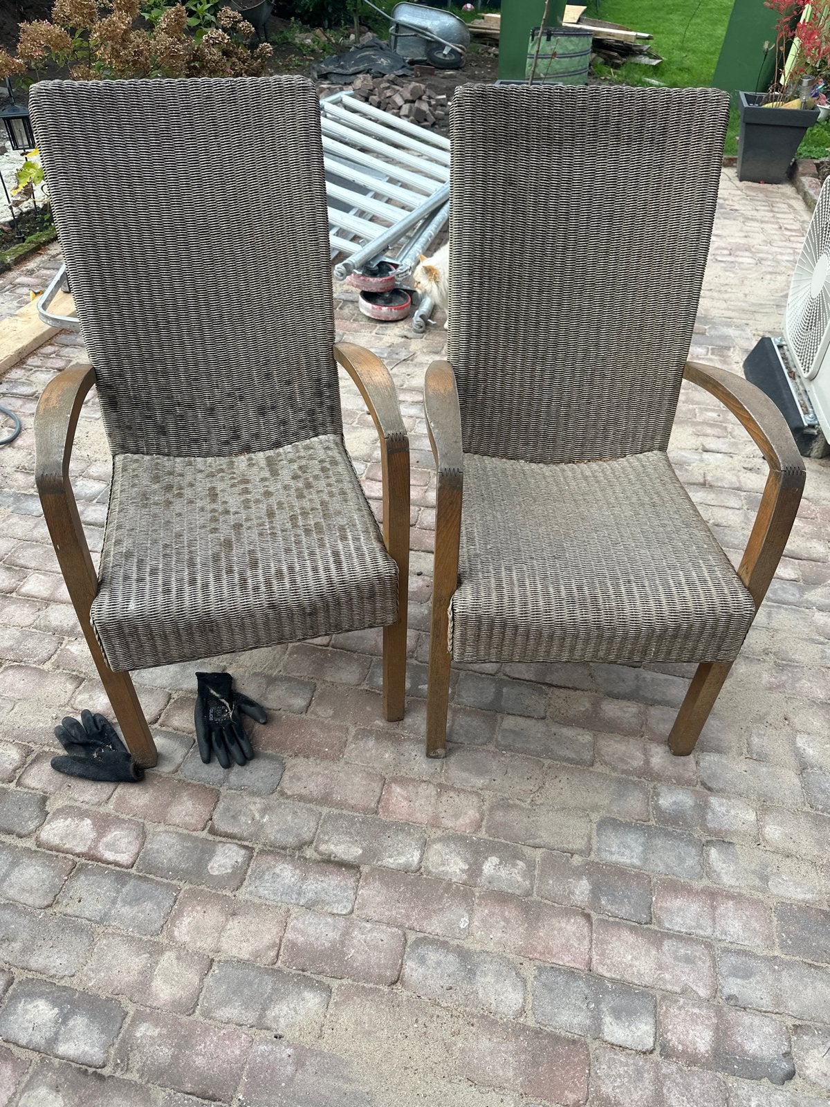 4 rieten tuinstoelen hardhout, Ophalen, Gebruikt, Bruin, Vier