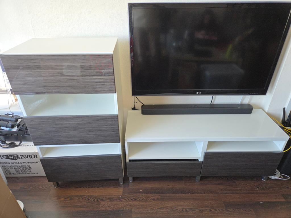 Ikea Besta TV-meubel met lades en glasplaat, Ophalen, Gebruikt, 100 tot 150 cm, Minder dan 100 cm