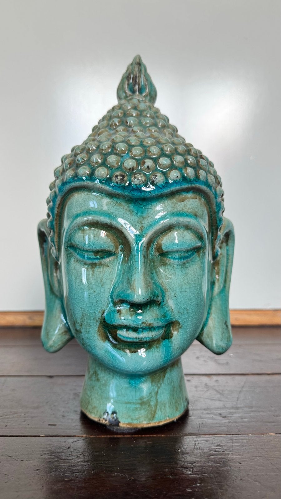 Boeddha hoofd van steen, 28 cm hoog, turquoise, Ophalen of Verzenden, Zo goed als nieuw