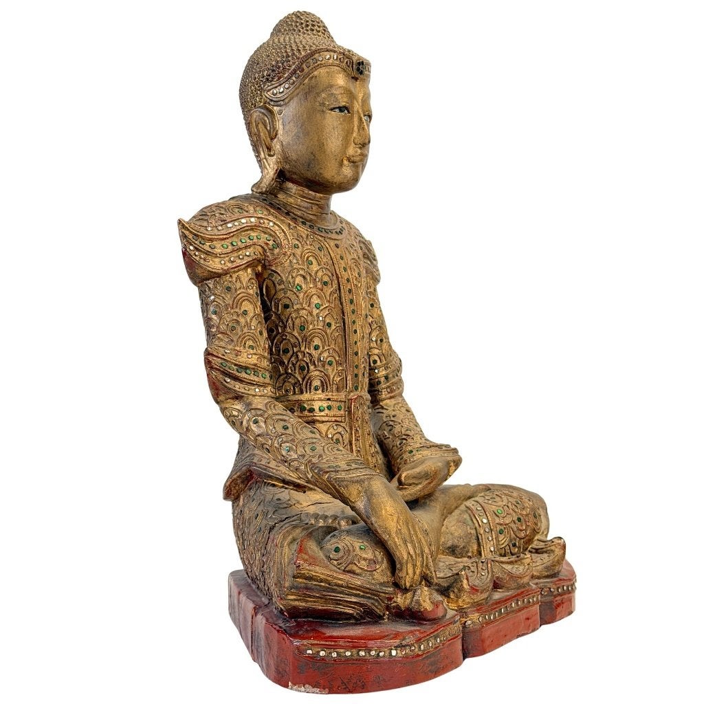 Jambupati Boeddha – Birmaans glasmozaïek – 1900, Antiek en Kunst, Overige herkomsten, Ophalen of Verzenden, Beeld, Hout