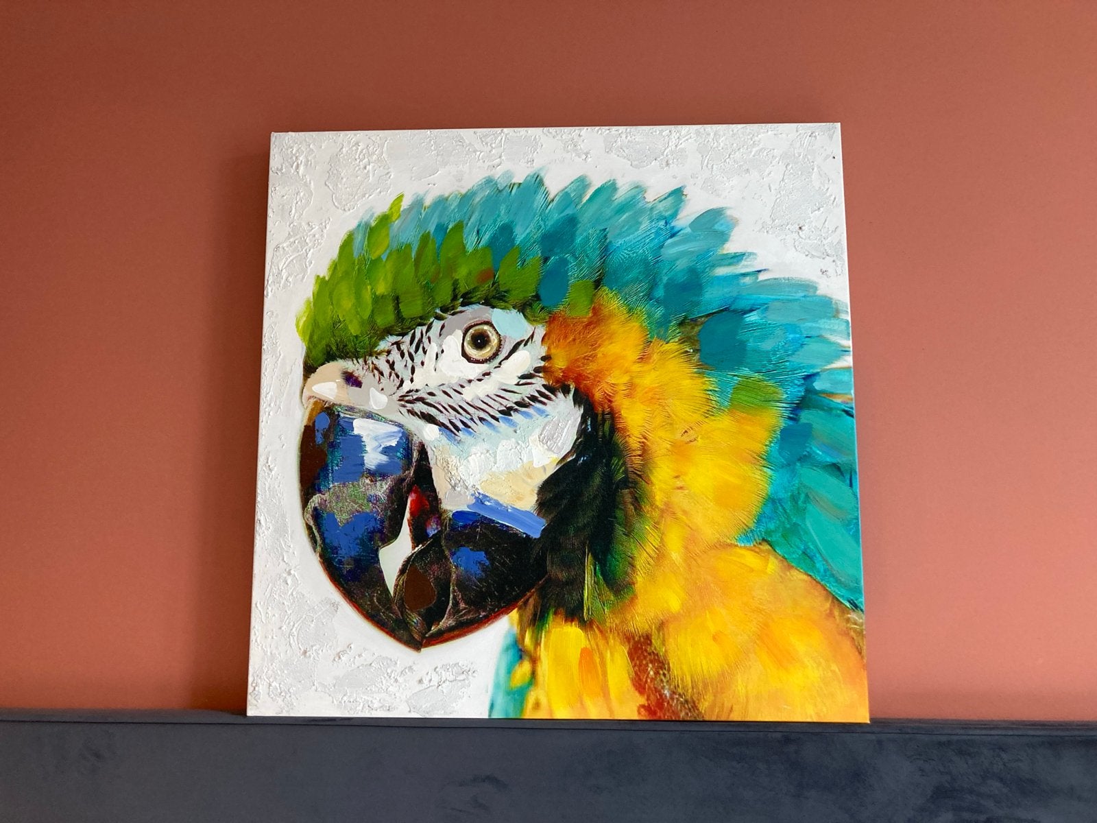 Canvas schilderij met reliëf - Papegaai (80x80 cm), Ophalen, Textiel, Met textuur, Dieren