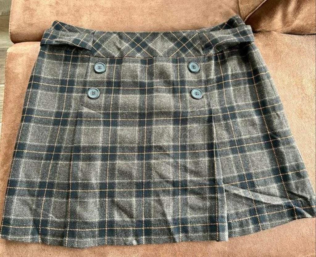 Nieuw, 1x gedragen plooirok kort geblokt maat 42, Kleding | Dames, Bruin, Maat 42/44 (L), Nieuw, Ophalen of Verzenden