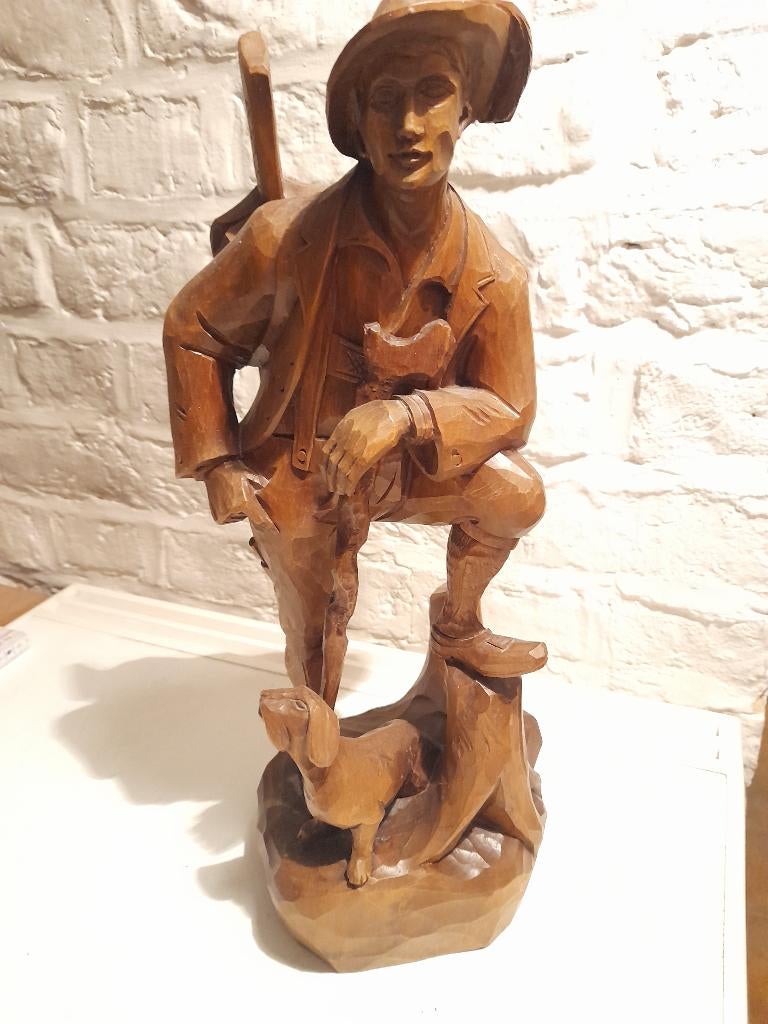 gesneden houten beeldje "jager met hond", Antiek en Kunst, Kunst | Beelden en Houtsnijwerken, Ophalen of Verzenden