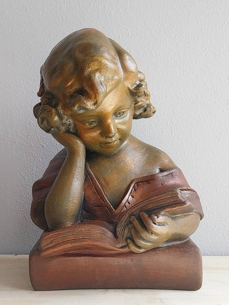 Art Deco borstbeeld La Liseuse lezend meisje, Overige onderwerpen, Art deco, Gips, Buste