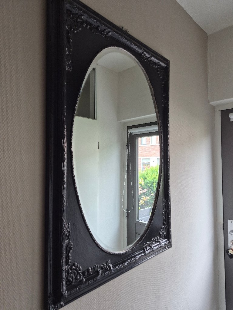 Grote zwarte brocante spiegel met barok lijst, Ophalen, 100 tot 150 cm, Zo goed als nieuw, Ovaal