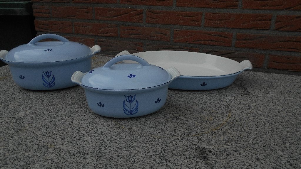 1X DRU gietijzer email dekschaal pan tulp lelie blauw TOP, Ophalen of Verzenden, Zo goed als nieuw, Gietijzer, Overige typen