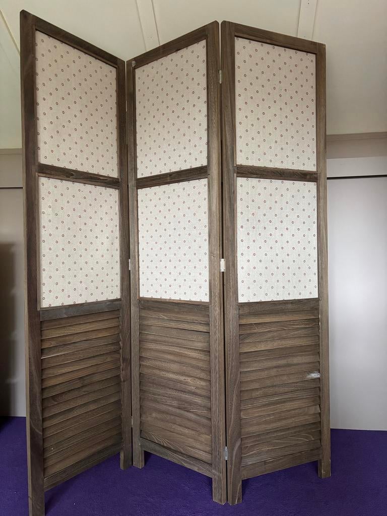 Houten kamerscherm met stoffen panelen 170x136 cm, Ophalen, Gebruikt