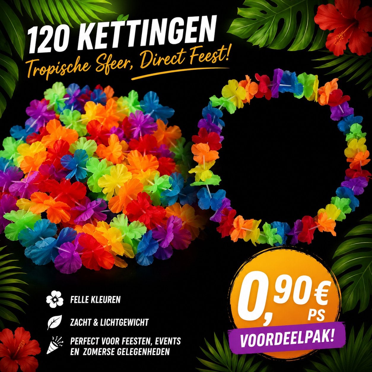 120 Tropische Bloemenkettingen - Feestelijke Hawaii Kransen, Ophalen of Verzenden, Nieuw, Feestartikel, Overige