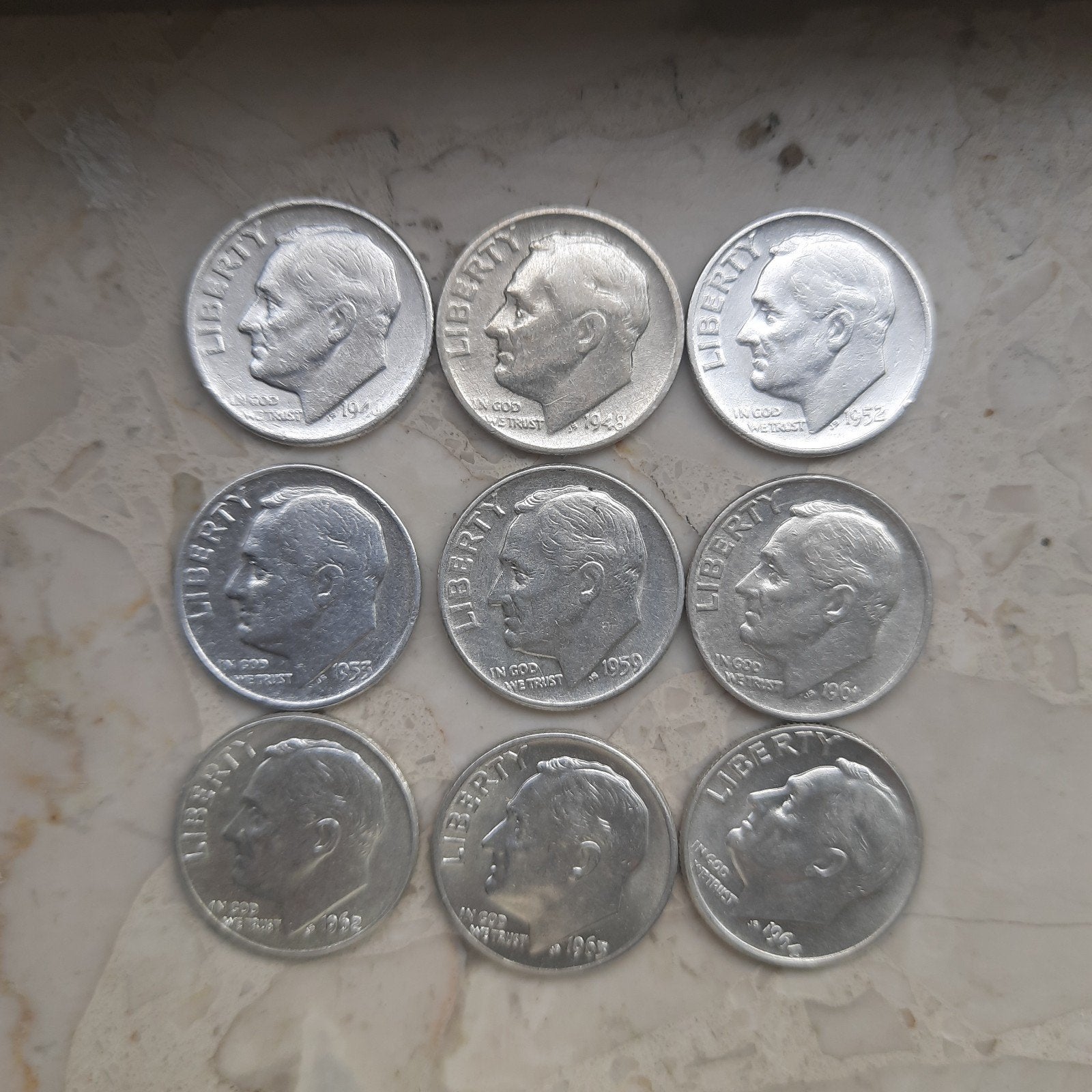 9x Americaanse dimes, Ophalen of Verzenden, Noord-Amerika, Zilver