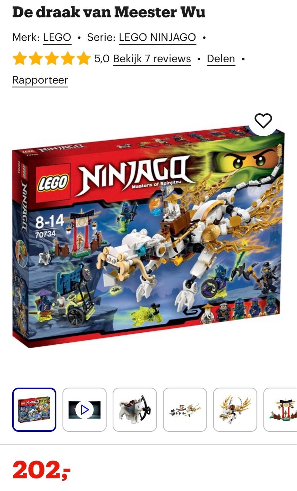 Lego Ninjago 70734 'De Draak van Meester Wu' (mist 1 pistool, Gebruikt, Lego, Ophalen of Verzenden, Ninjago