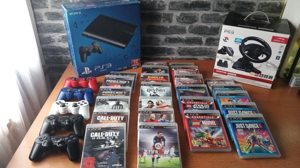 PlayStation 3 compleet pakket met veel games en stuur, Ophalen, Phat, Met 2 controllers, 12 GB