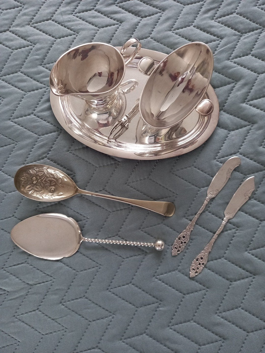 Vintage verzilverde roomstel Fruitlepel Taartschep en Mesjes, Antiek en Kunst, Ophalen of Verzenden, Zilver