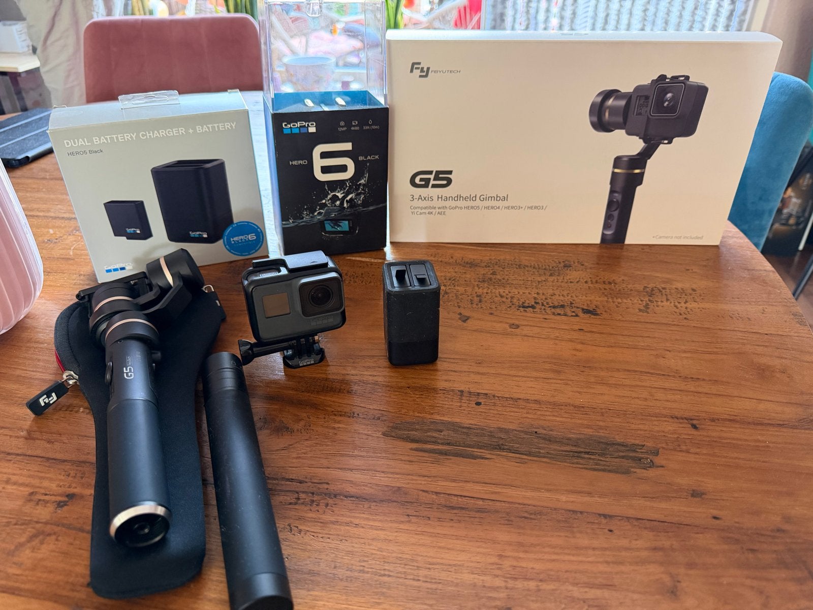 GoPro Hero 6 + G5 gimbal + 2 accu’s + duo-lader, Audio, Tv en Foto, Actiecamera's, Ophalen, Gebruikt, GoPro