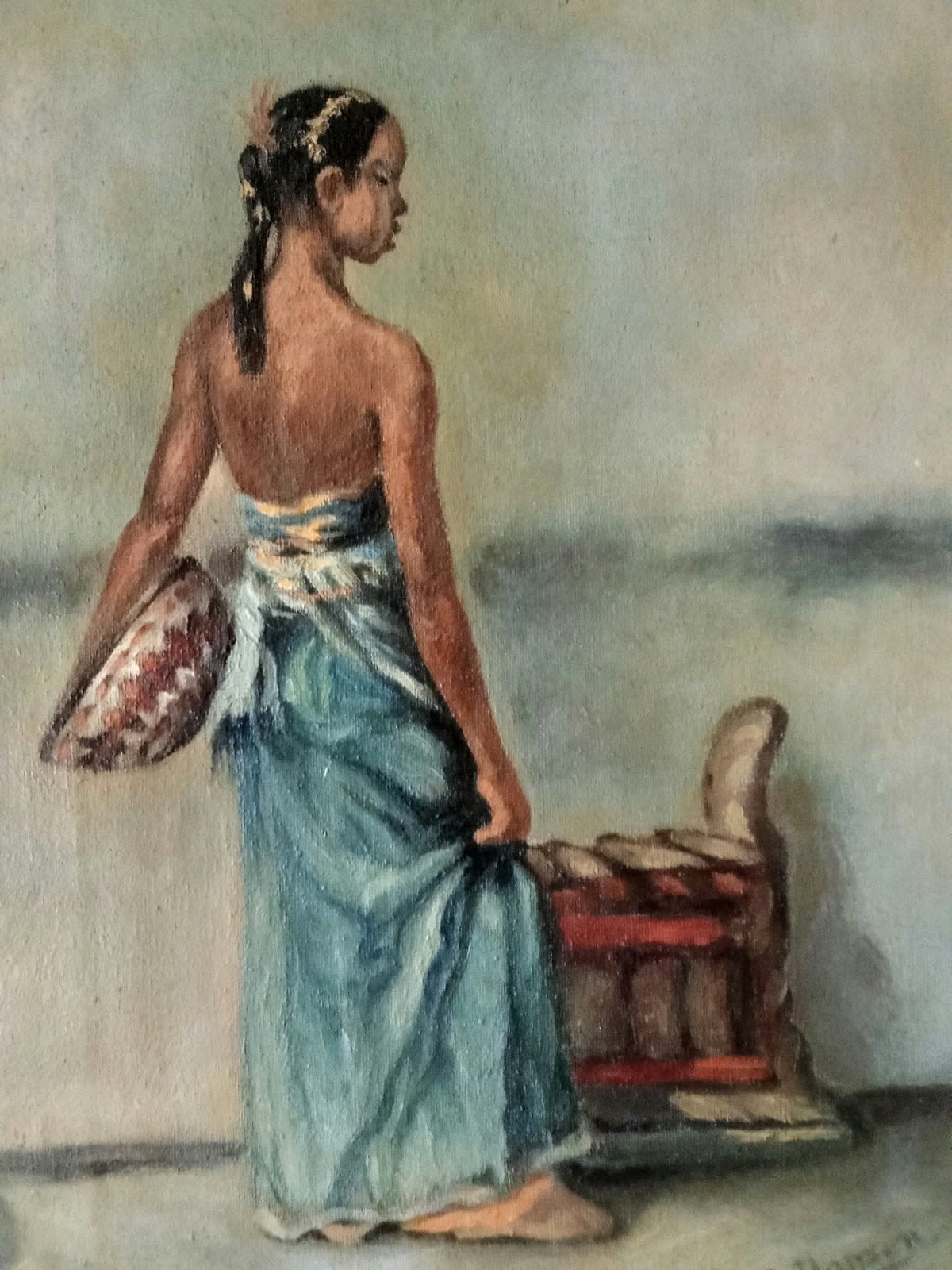 Schilderij Indonesische vrouw met mand - A. Jansen, Ophalen of Verzenden