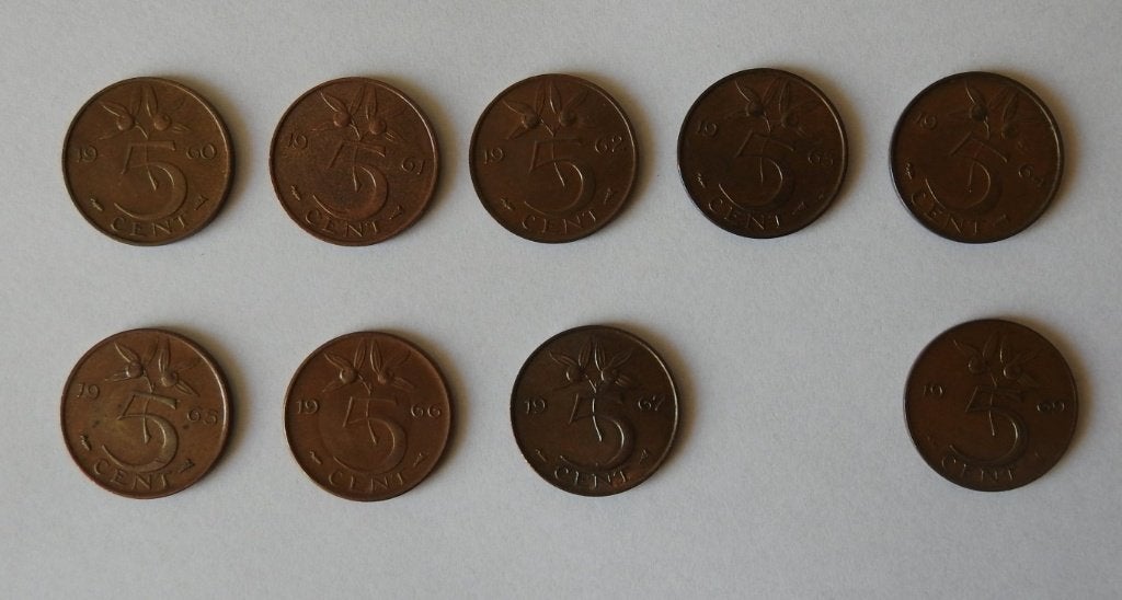 9 Stuivers jaren 1960 61 62 63 64 65 66 67---- 69, Verzenden, Koningin Juliana, 5 cent, Setje